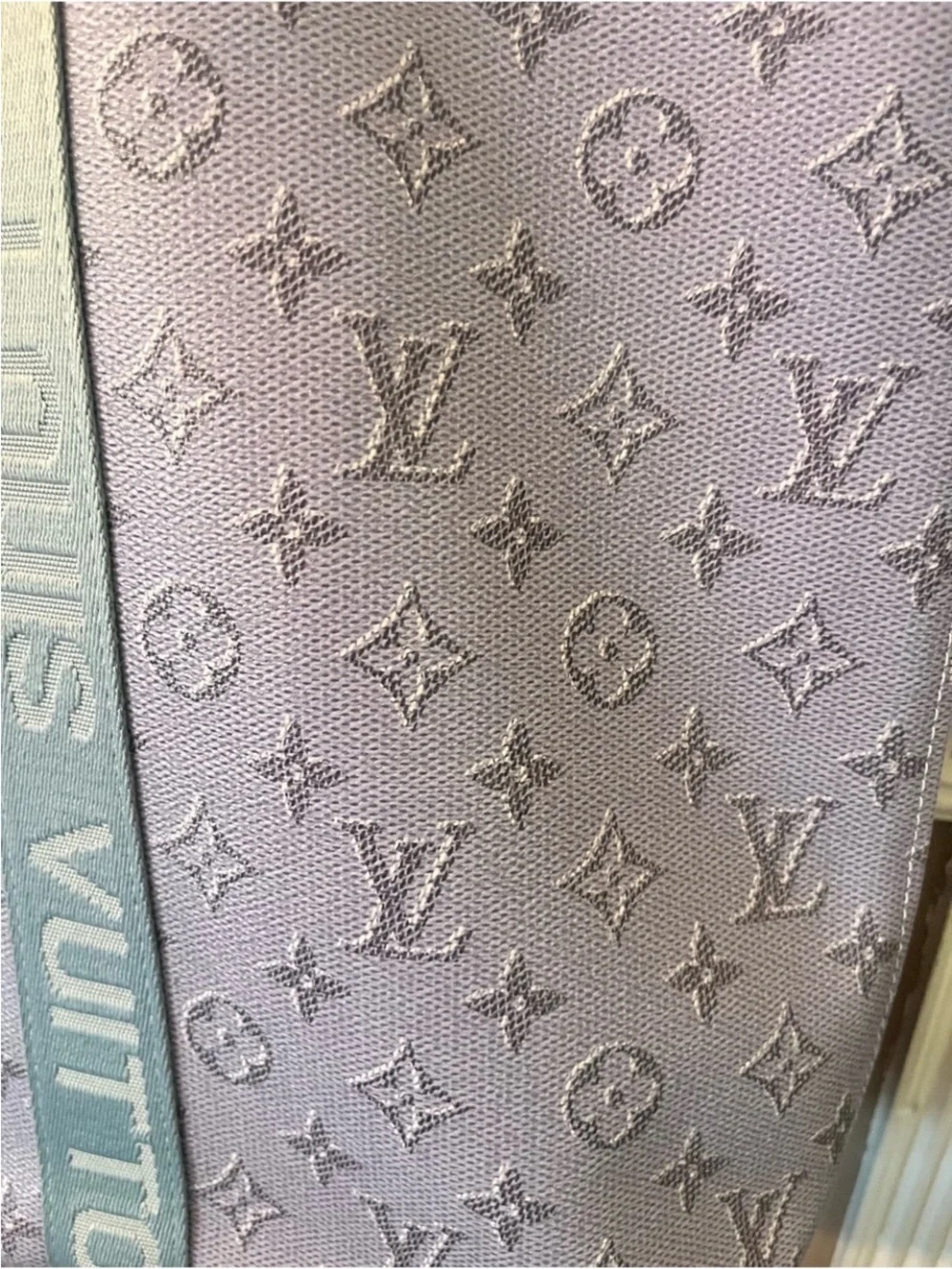 Louis Vuitton look a likeLavender Monogram Tote with Light Blue Straps